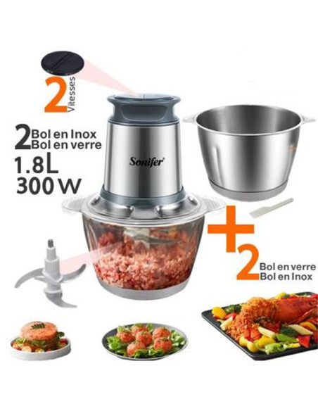 Hachoir électrique Sonifer 1.8 Litre avec 2 bols inox et verre