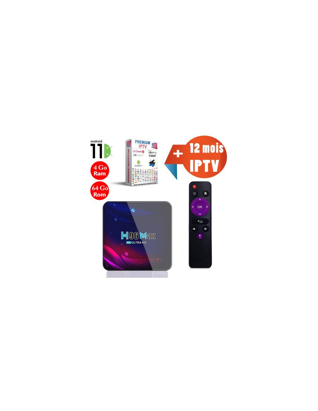 Abonnement IPTV 1 an (option)  Boîtier Android H96 MAX - 4 Go +