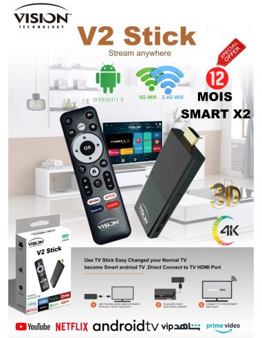 Vision v2 stick 2gb ram 16gb rom android 11 + IPTV 12 Mois