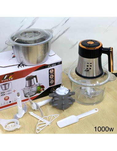 FIZLER Robot hachoir broyeur de viande et légume 2 bol 2L inox et verre 1000watt