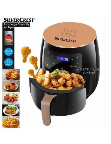 Silver Crest Air Fryer Friteuse à air sans huile intelligente 6L 2400W écran tactile LCD, 8 programme, frites, barbecue...