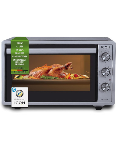 ICQN Four Electrique 42L, Chaleur tournante, 40°- 230°C, 1300 W, Gris Inox