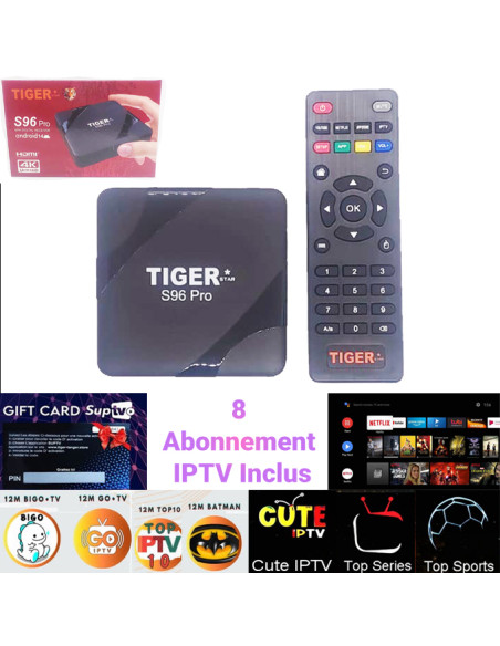 tv box tiger s96 pro 2gb ram 16gb mémoire avec 8 abonnement iptv