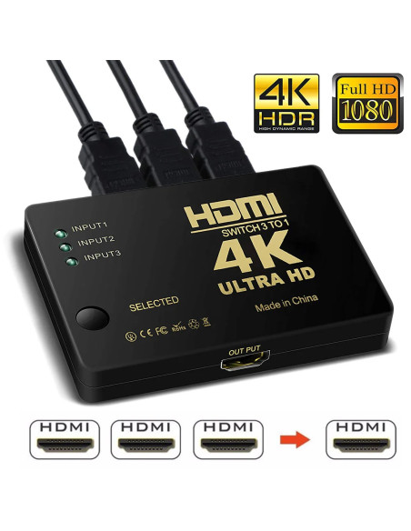 HDMI Switch 3 Ports 4K Ultra HD- Télécommande incluse