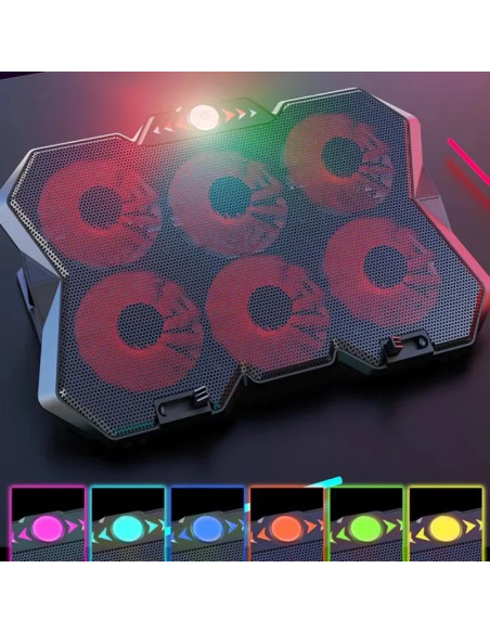 Support de refroidissement pour ordinateur portable à six ventilateurs avec écran LED et deux ports USB, idéal pour le gaming