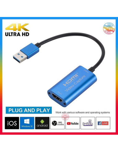 HDMI USB video Capture HD 4K, HDMI vers USB 3.0...