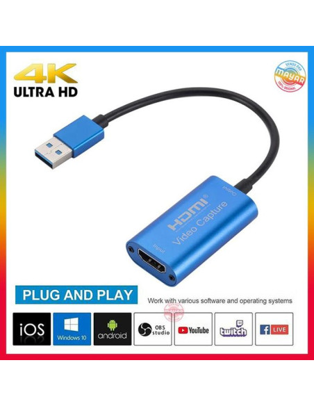 HDMI USB video Capture HD 4K, HDMI vers USB 3.0 Streaming YouTube OBS, Live, Gaming Pour Windows, Androis and MacOs