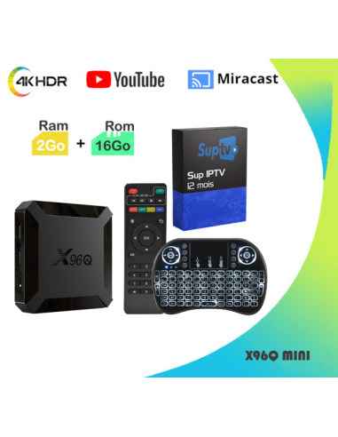 Tv Box X96Q 2Go Ram 16Go Mémoire avec IPTV 12 Mois et Mini Clavier Bluetooth