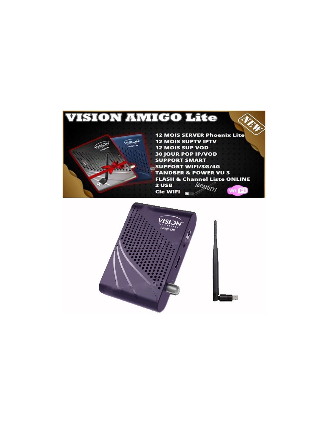 Récepteur VISION AMIGO3 Noir 2 Ans Vanilla IKS Serveur 1 an IPTV Clé WiFi