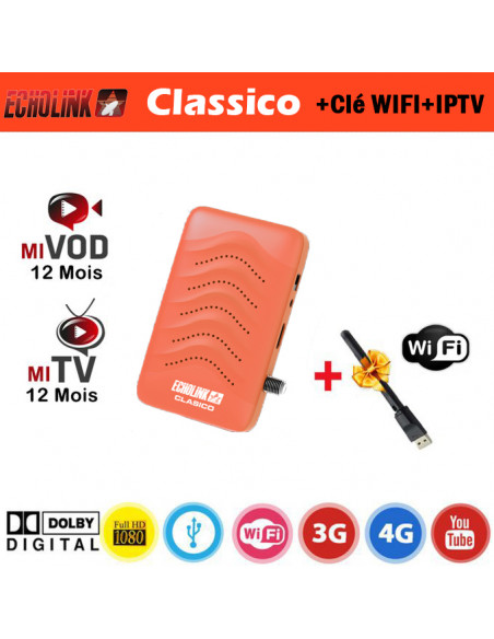 Echolink clasico recepteur numérique Avec abonnement IPTV 12 mois & Clé Wifi - Noir